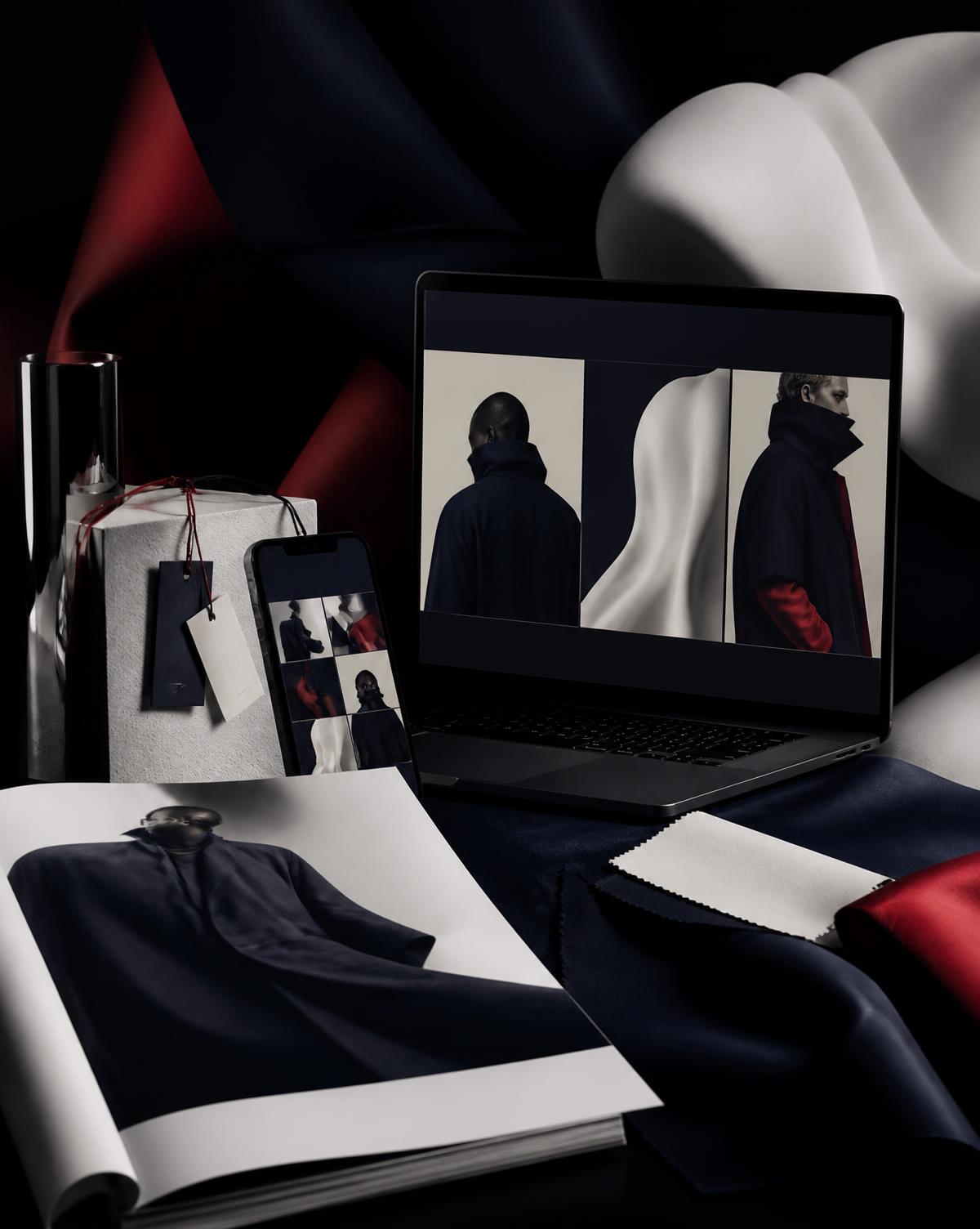 Fashion brand identity, campaign imagery and website in a dramatic studio setting