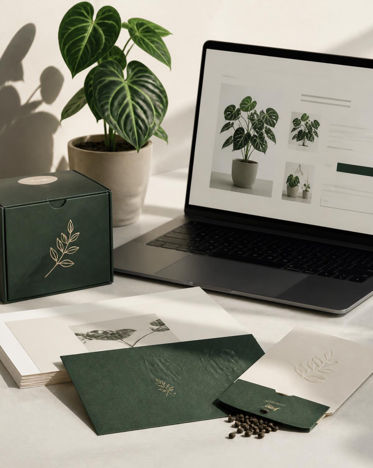 Botanical brand identity, packaging and ecommerce website presented in a sunlit studio